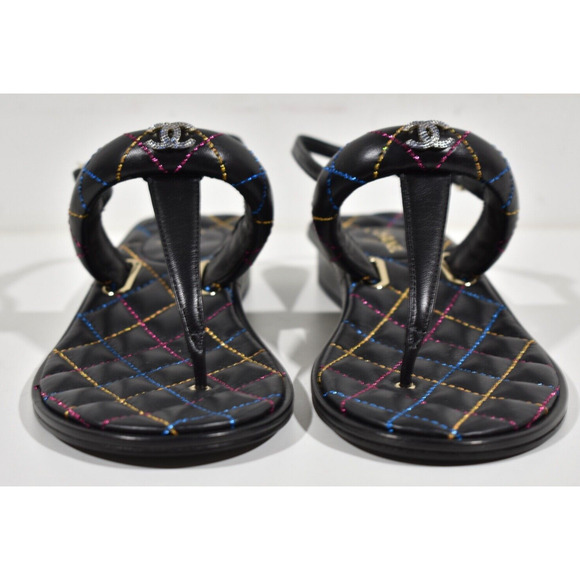 Chanel 21K Black Multicolor Leather CC Logo Mule Slide Flat Thong Sandal 37.5 - Picture 6 of 11